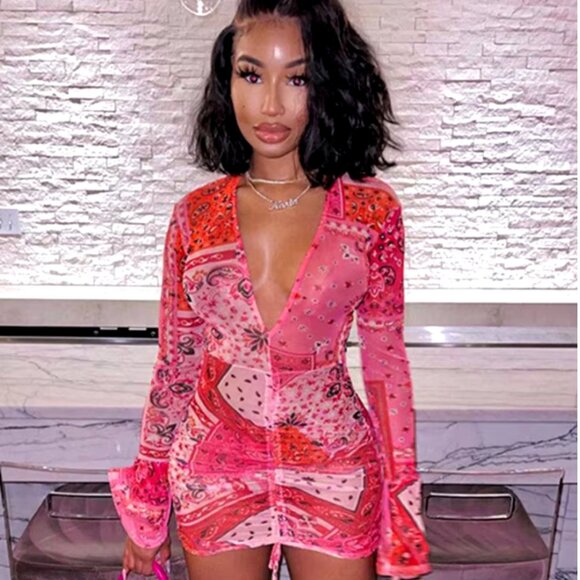 Sheer Bandana Print Mini Long Sleeve Ruched Dress XS - Picture 2 of 3